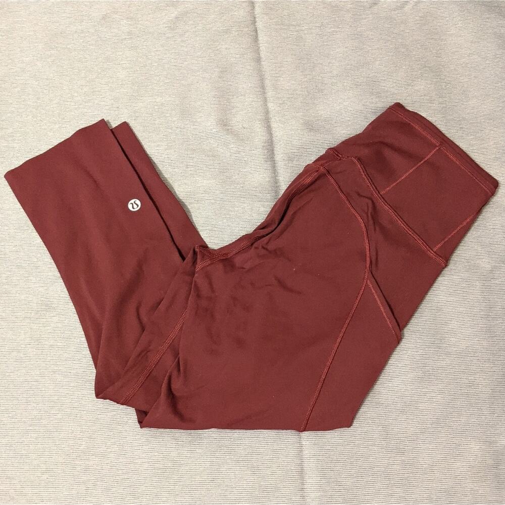 Lululemon Cropped Raw Hem Maroon Leggings Pocket Time to Sweat 4 - Picture 5 of 10